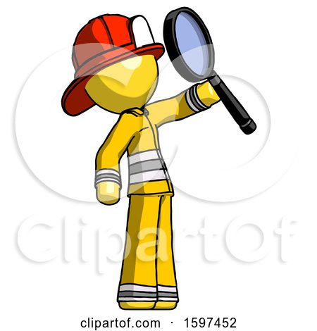 Yellow Firefighter Fireman Man Inspecting with Large Magnifying Glass Facing up by Leo Blanchette