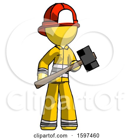 Yellow Firefighter Fireman Man with Sledgehammer Standing Ready to Work or Defend by Leo Blanchette