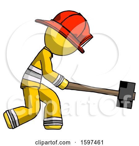 Yellow Firefighter Fireman Man Hitting with Sledgehammer, or Smashing Something by Leo Blanchette