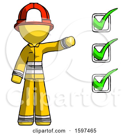 Yellow Firefighter Fireman Man Standing by List of Checkmarks by Leo Blanchette