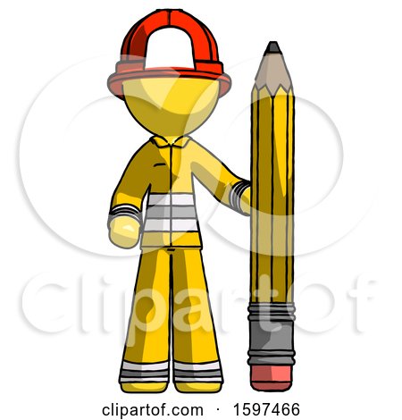 Yellow Firefighter Fireman Man with Large Pencil Standing Ready to Write by Leo Blanchette