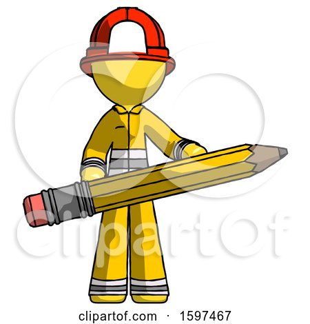 Yellow Firefighter Fireman Man Writer or Blogger Holding Large Pencil by Leo Blanchette