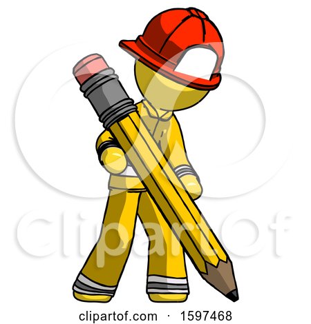 Yellow Firefighter Fireman Man Writing with Large Pencil by Leo Blanchette