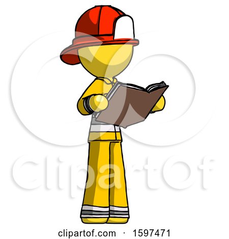 Yellow Firefighter Fireman Man Reading Book While Standing up Facing Away by Leo Blanchette