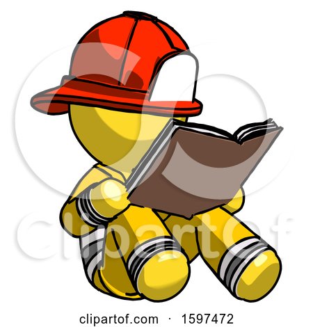 Yellow Firefighter Fireman Man Reading Book While Sitting down by Leo Blanchette