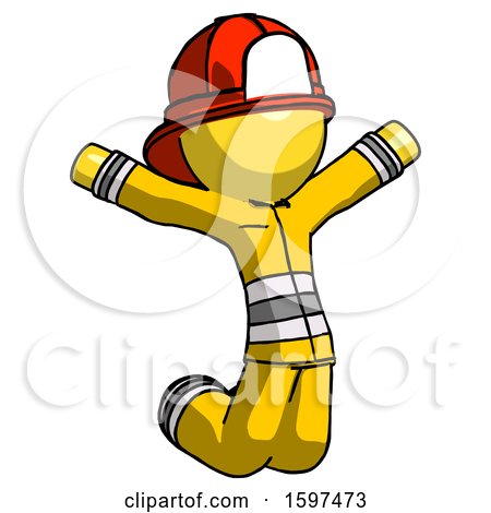 Yellow Firefighter Fireman Man Jumping or Kneeling with Gladness by Leo Blanchette