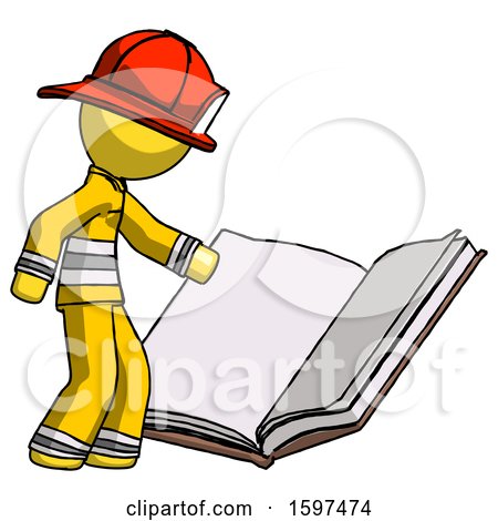 Yellow Firefighter Fireman Man Reading Big Book While Standing Beside It by Leo Blanchette