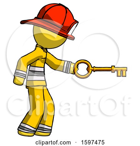 Yellow Firefighter Fireman Man with Big Key of Gold Opening Something by Leo Blanchette