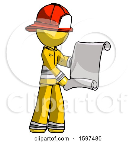 Yellow Firefighter Fireman Man Holding Blueprints or Scroll by Leo Blanchette