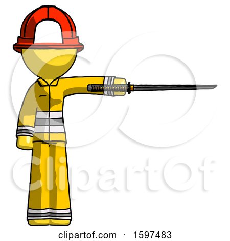 Yellow Firefighter Fireman Man Standing with Ninja Sword Katana Pointing Right by Leo Blanchette