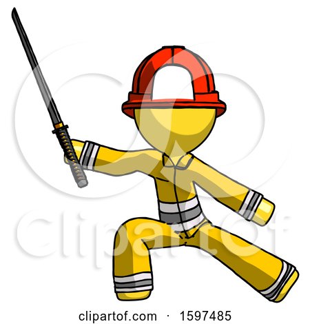 Yellow Firefighter Fireman Man with Ninja Sword Katana in Defense Pose by Leo Blanchette