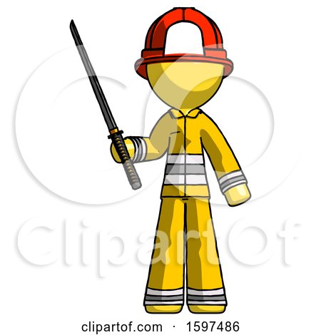 Yellow Firefighter Fireman Man Standing up with Ninja Sword Katana by Leo Blanchette