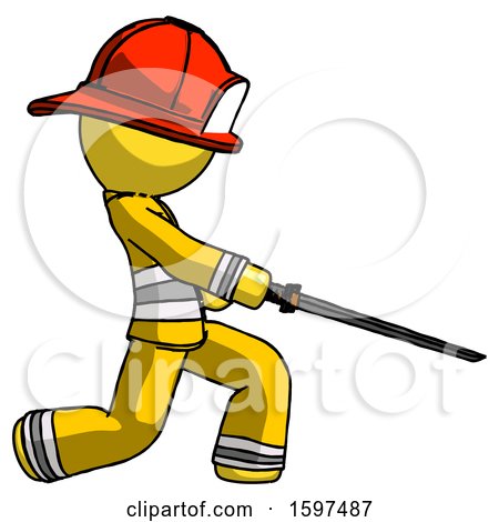 Yellow Firefighter Fireman Man with Ninja Sword Katana Slicing or Striking Something by Leo Blanchette