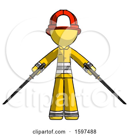 Yellow Firefighter Fireman Man Posing with Two Ninja Sword Katanas by Leo Blanchette