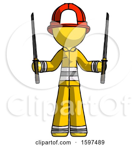 Yellow Firefighter Fireman Man Posing with Two Ninja Sword Katanas up by Leo Blanchette