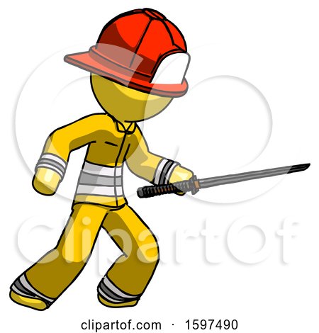 Yellow Firefighter Fireman Man Stabbing with Ninja Sword Katana by Leo Blanchette