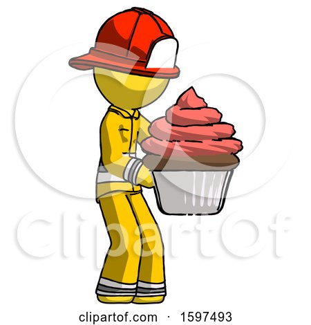 Yellow Firefighter Fireman Man Holding Large Cupcake Ready to Eat or Serve by Leo Blanchette