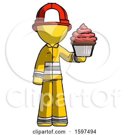 Yellow Firefighter Fireman Man Presenting Pink Cupcake to Viewer by Leo Blanchette