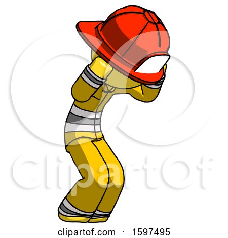 Yellow Firefighter Fireman Man with Headache or Covering Ears Turned to His Right by Leo Blanchette