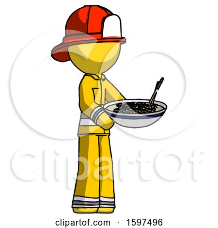 Yellow Firefighter Fireman Man Holding Noodles Offering to Viewer by Leo Blanchette