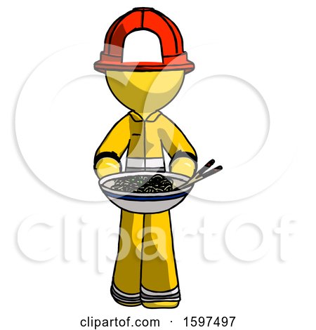 Yellow Firefighter Fireman Man Serving or Presenting Noodles by Leo Blanchette