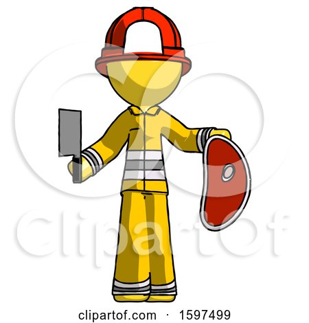 Yellow Firefighter Fireman Man Holding Large Steak with Butcher Knife by Leo Blanchette