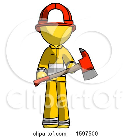 Yellow Firefighter Fireman Man Holding Red Fire Fighter's Ax by Leo Blanchette