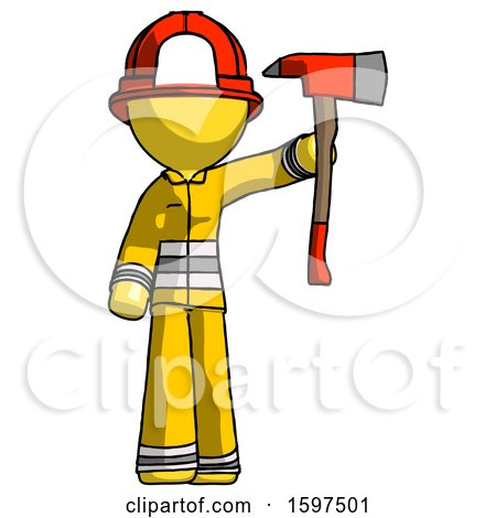 Yellow Firefighter Fireman Man Holding up Red Firefighter's Ax by Leo Blanchette