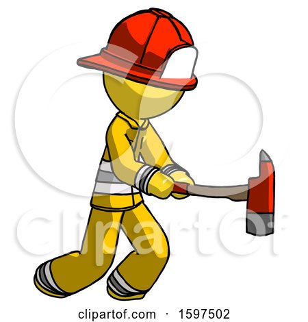 Yellow Firefighter Fireman Man with Ax Hitting, Striking, or Chopping by Leo Blanchette