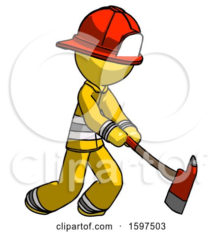 Yellow Firefighter Fireman Man Striking with a Red Firefighter's Ax by Leo Blanchette