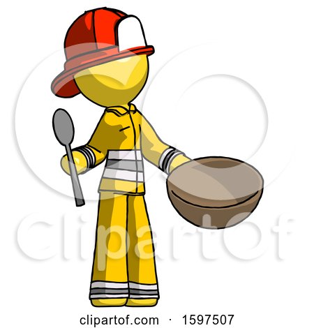 Yellow Firefighter Fireman Man with Empty Bowl and Spoon Ready to Make Something by Leo Blanchette