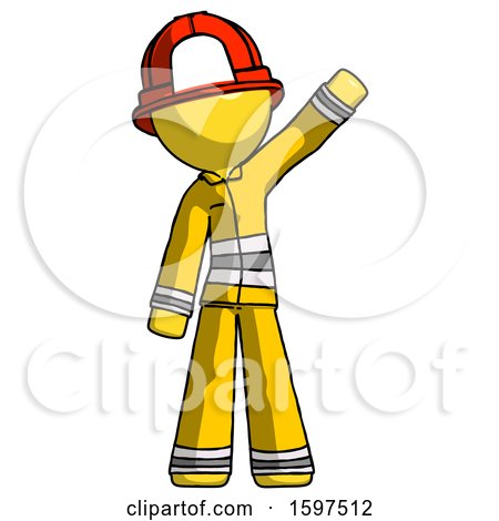 Yellow Firefighter Fireman Man Waving Emphatically with Left Arm by Leo Blanchette