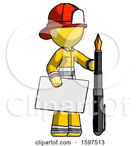 Yellow Firefighter Fireman Man Holding Large Envelope and Calligraphy Pen by Leo Blanchette