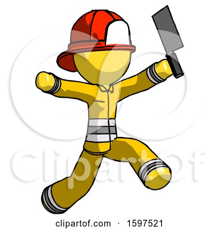 Yellow Firefighter Fireman Man Psycho Running with Meat Cleaver by Leo Blanchette