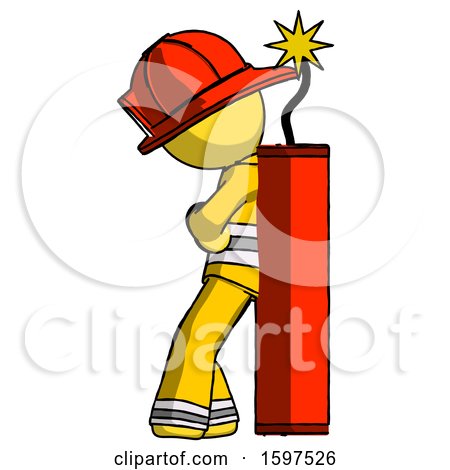 Yellow Firefighter Fireman Man Leaning Against Dynimate, Large Stick Ready to Blow by Leo Blanchette