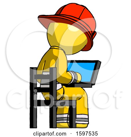 Yellow Firefighter Fireman Man Using Laptop Computer While Sitting in Chair View from Back by Leo Blanchette