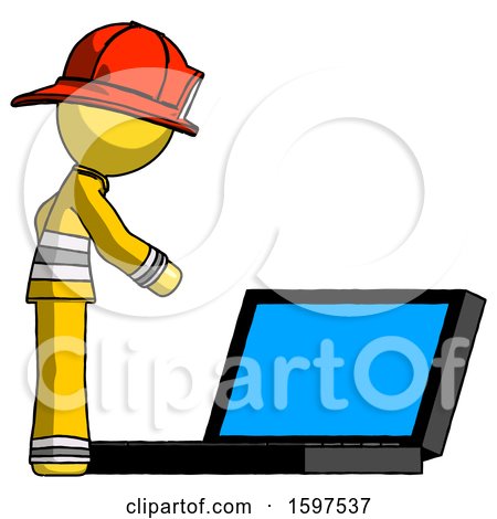 Yellow Firefighter Fireman Man Using Large Laptop Computer Side Orthographic View by Leo Blanchette