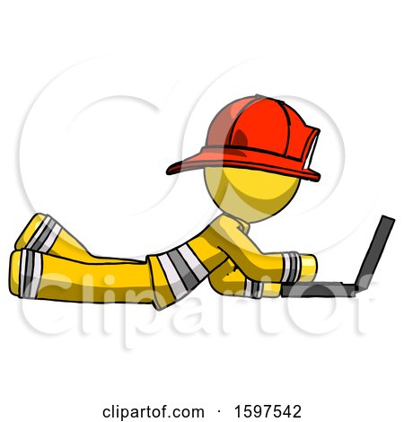 Yellow Firefighter Fireman Man Using Laptop Computer While Lying on Floor Side View by Leo Blanchette