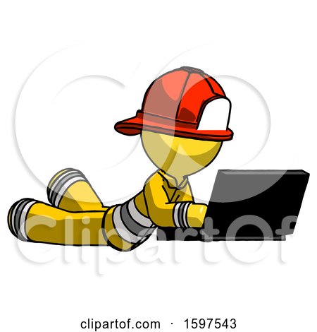Yellow Firefighter Fireman Man Using Laptop Computer While Lying on Floor Side Angled View by Leo Blanchette