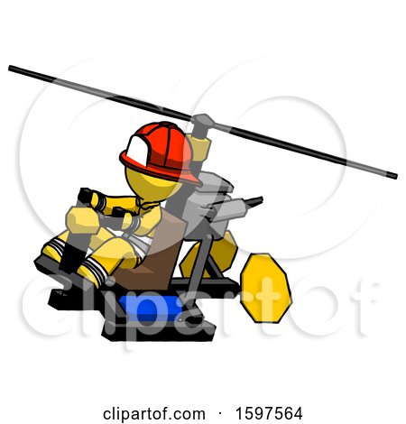 Yellow Firefighter Fireman Man Flying in Gyrocopter Front Side Angle Top View by Leo Blanchette