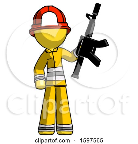 Yellow Firefighter Fireman Man Holding Automatic Gun by Leo Blanchette