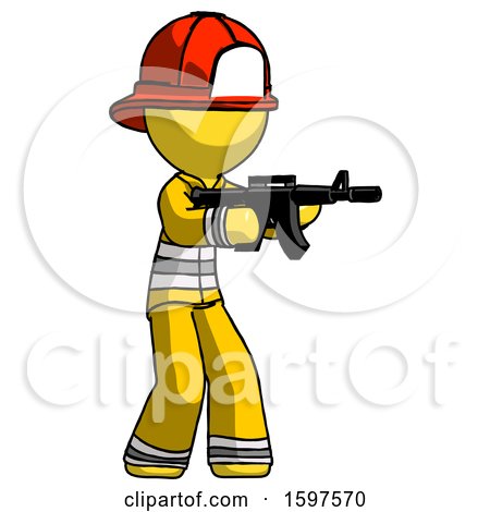 Yellow Firefighter Fireman Man Shooting Automatic Assault Weapon by Leo Blanchette