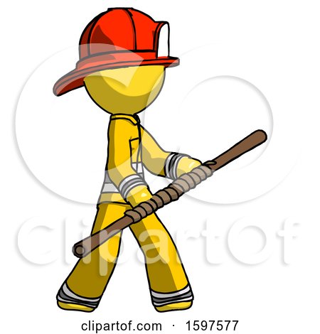 Yellow Firefighter Fireman Man Holding Bo Staff in Sideways Defense Pose by Leo Blanchette