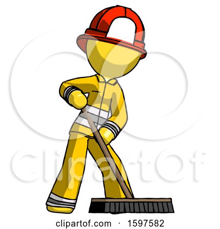 Yellow Firefighter Fireman Man Cleaning Services Janitor Sweeping Floor with Push Broom by Leo Blanchette