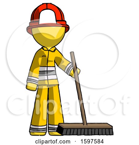 Yellow Firefighter Fireman Man Standing with Industrial Broom by Leo Blanchette