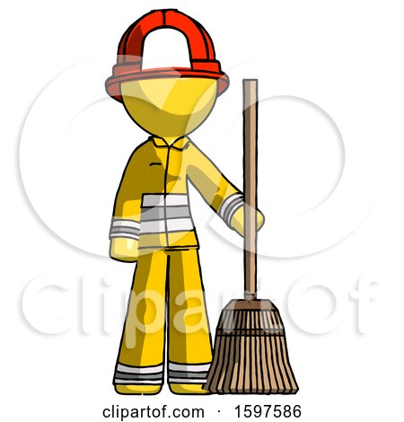 Yellow Firefighter Fireman Man Standing with Broom Cleaning Services by Leo Blanchette