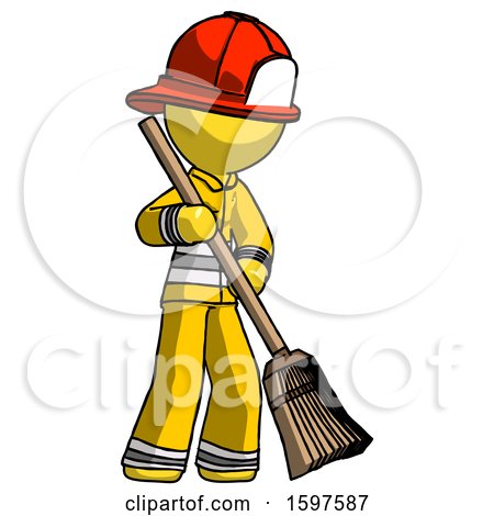 Yellow Firefighter Fireman Man Sweeping Area with Broom by Leo Blanchette
