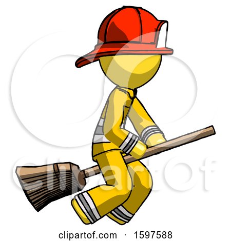 Yellow Firefighter Fireman Man Flying on Broom by Leo Blanchette