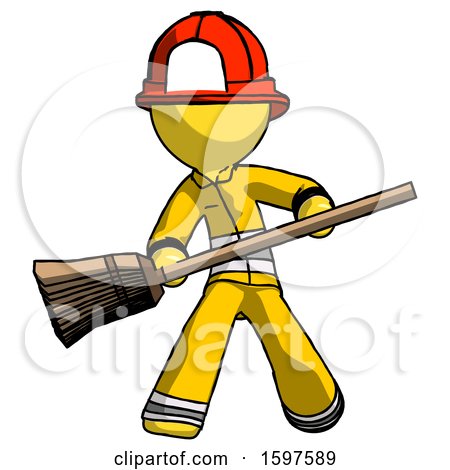 Yellow Firefighter Fireman Man Broom Fighter Defense Pose by Leo Blanchette