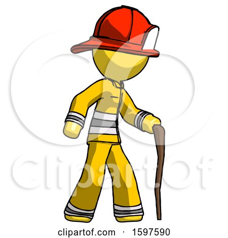 Yellow Firefighter Fireman Man Walking with Hiking Stick by Leo Blanchette